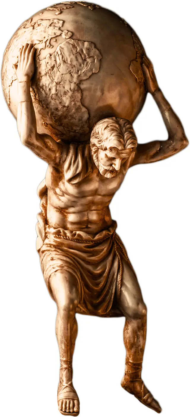 Estatua de Atlas que simboliza los trastornos causados por la desalineación de la primera vértebra cervical.